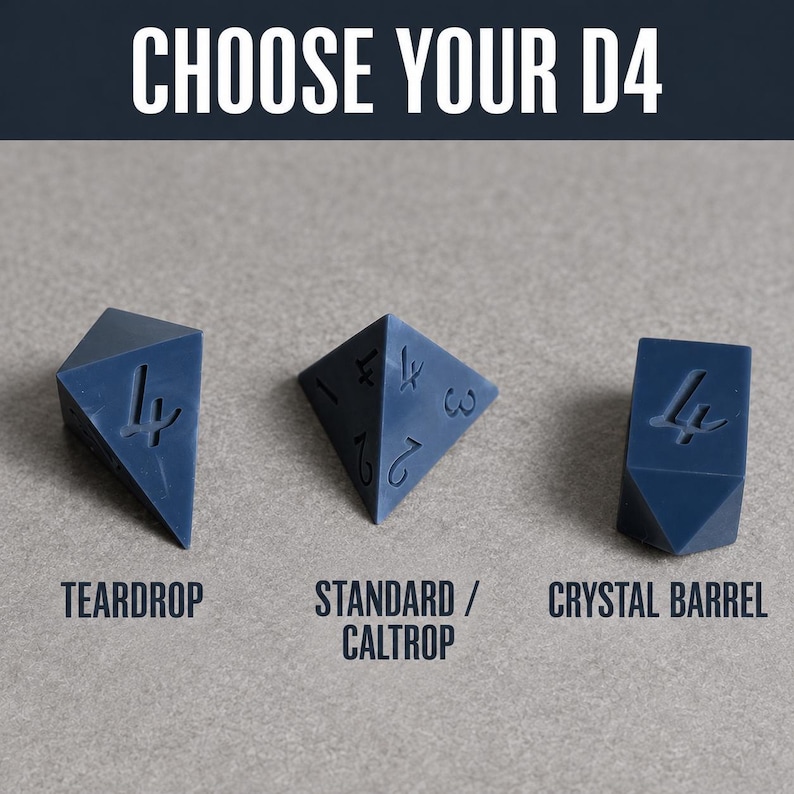 Three gray D4 masters labeled from left to right: teardrop, standard/caltrop, and crystal barrel