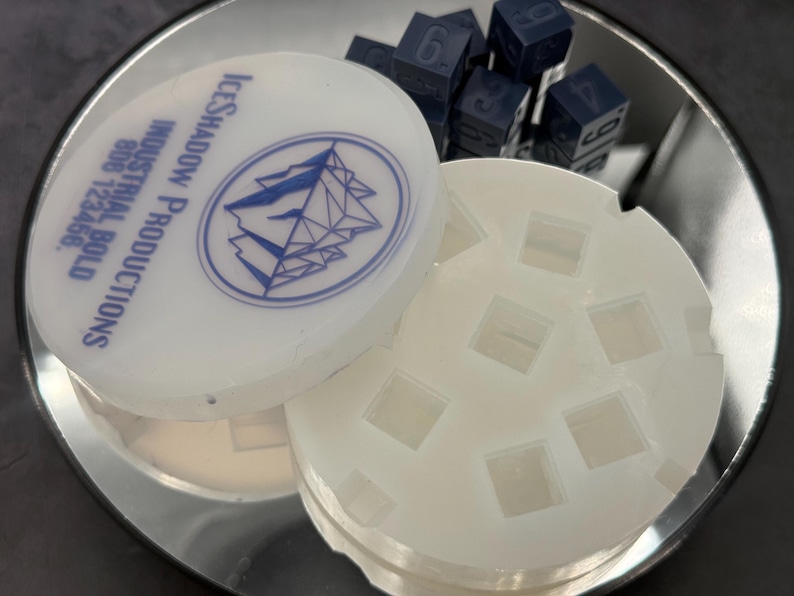 Eight-cavity D6 silicone mold and matching lid with gray numbered dice behind it